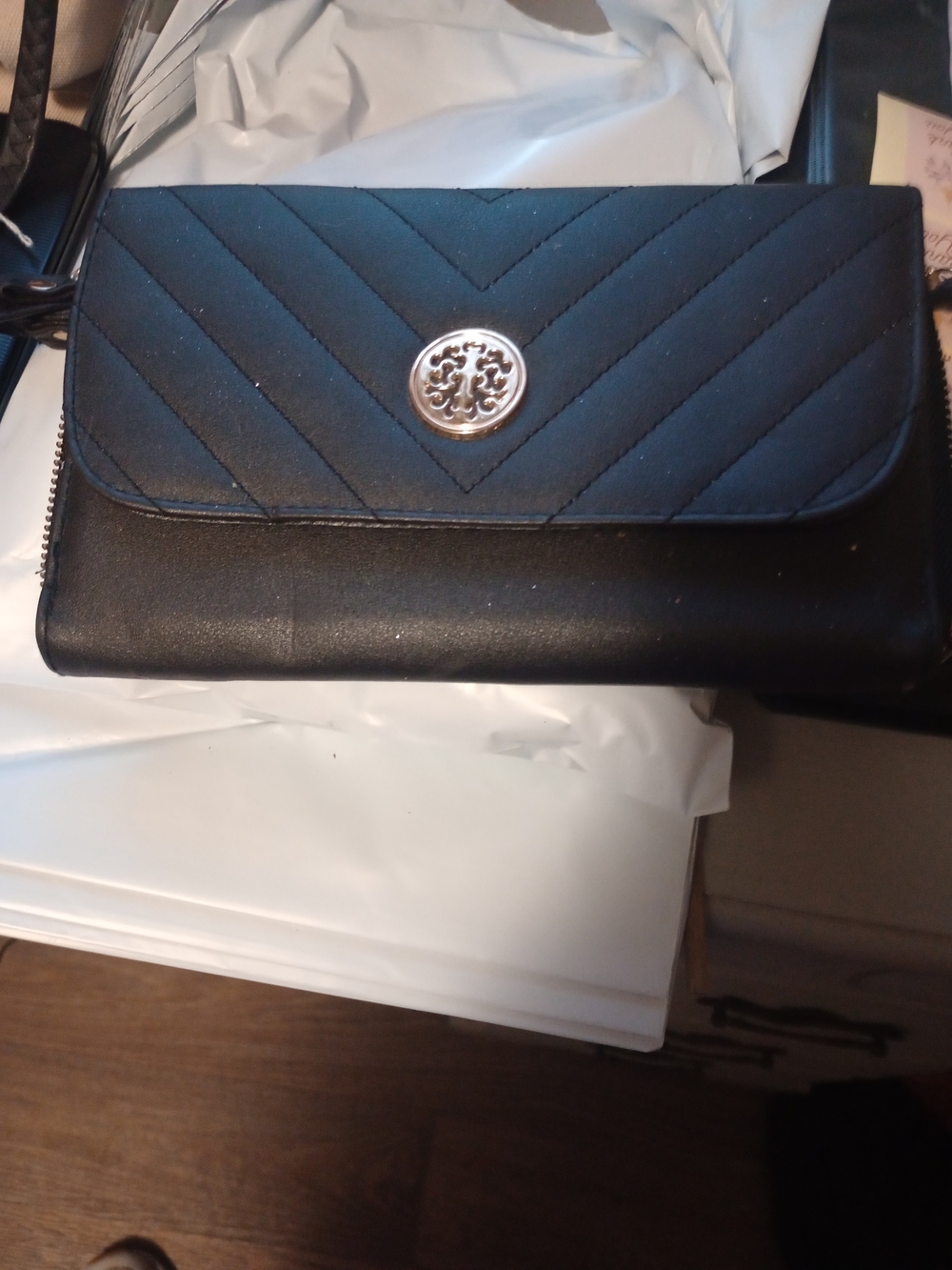 Source Unknown Black Quilted Clutch with Silver Emblem